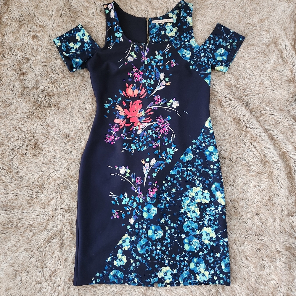 RACHEL Rachel Roy Cold Shoulder‎ Knee Length Floral Dress Blue Women's Size XXL